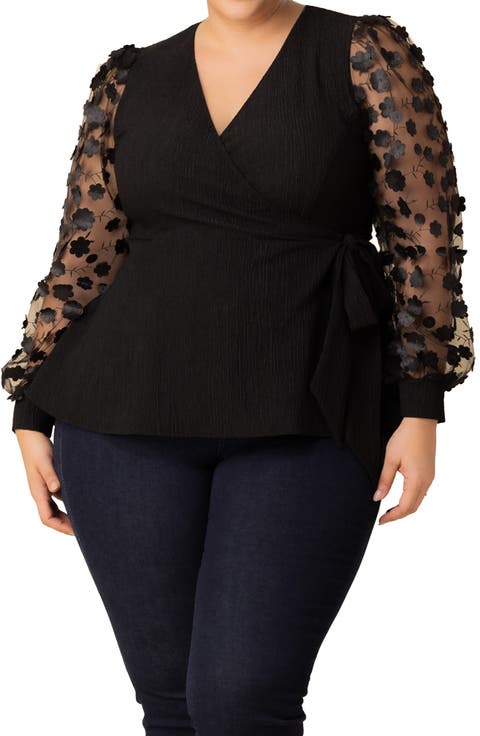 Scattered Petals 3D Sleeve Peplum Wrap Top (Plus)