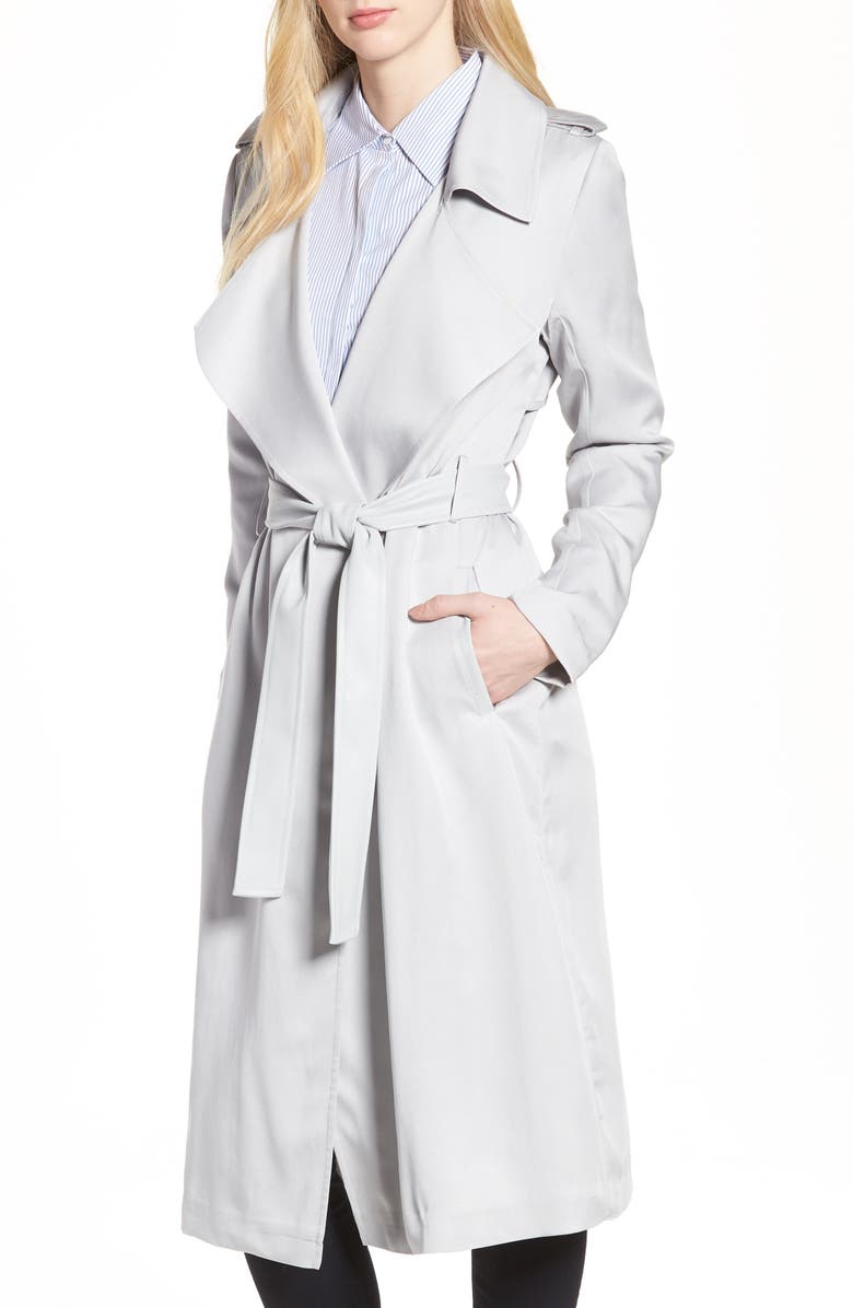 Badgley Mischka Collection Badgley Mischka Faux Leather Trim Long Trench Coat, Main, color,