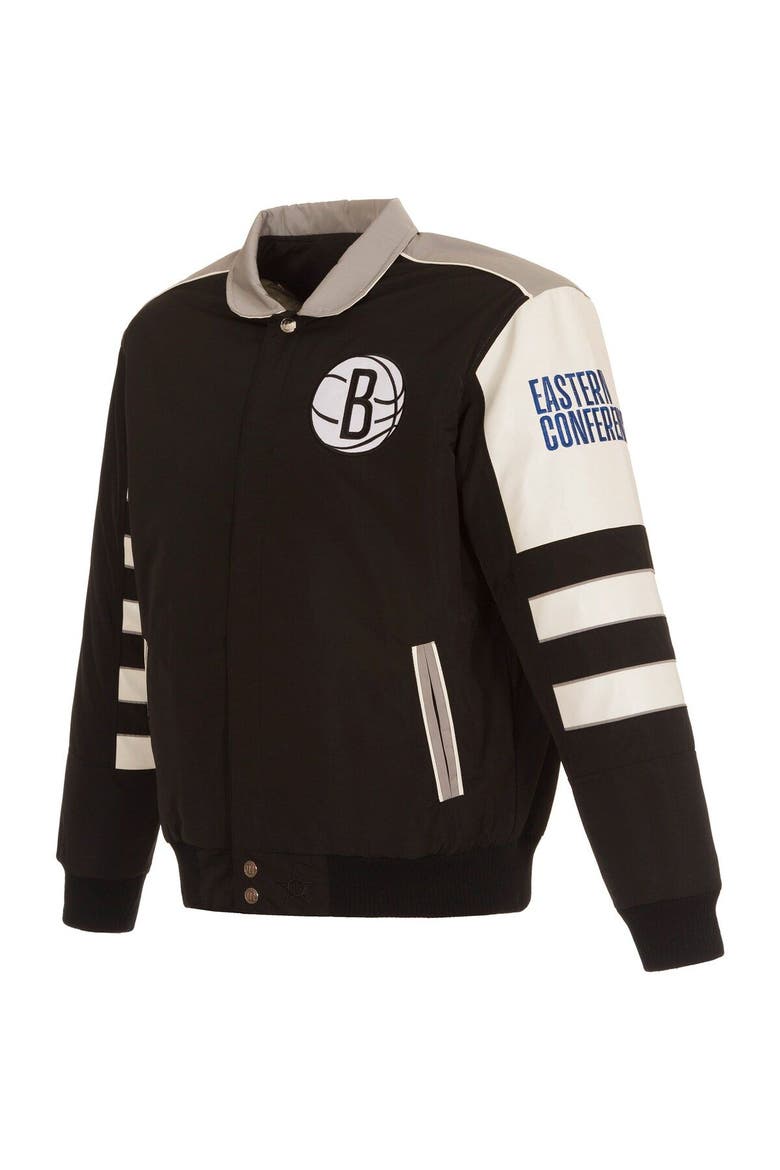Men's JH Design Black Brooklyn Nets Stripe Colorblock Nylon Reversible Full-Snap Jacket, Alternate, color, Black