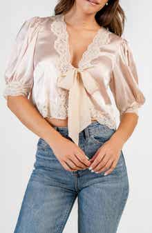 Lace Trim Satin Tie Front Top