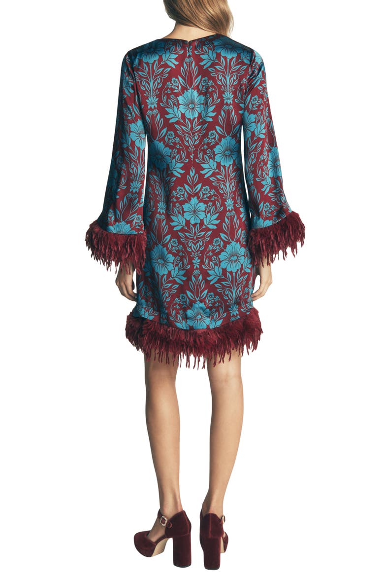 Faux Feather Trim Satin Minidress, Alternate, color, CRYSTAL TEAL FLOURISHING SPRIG
