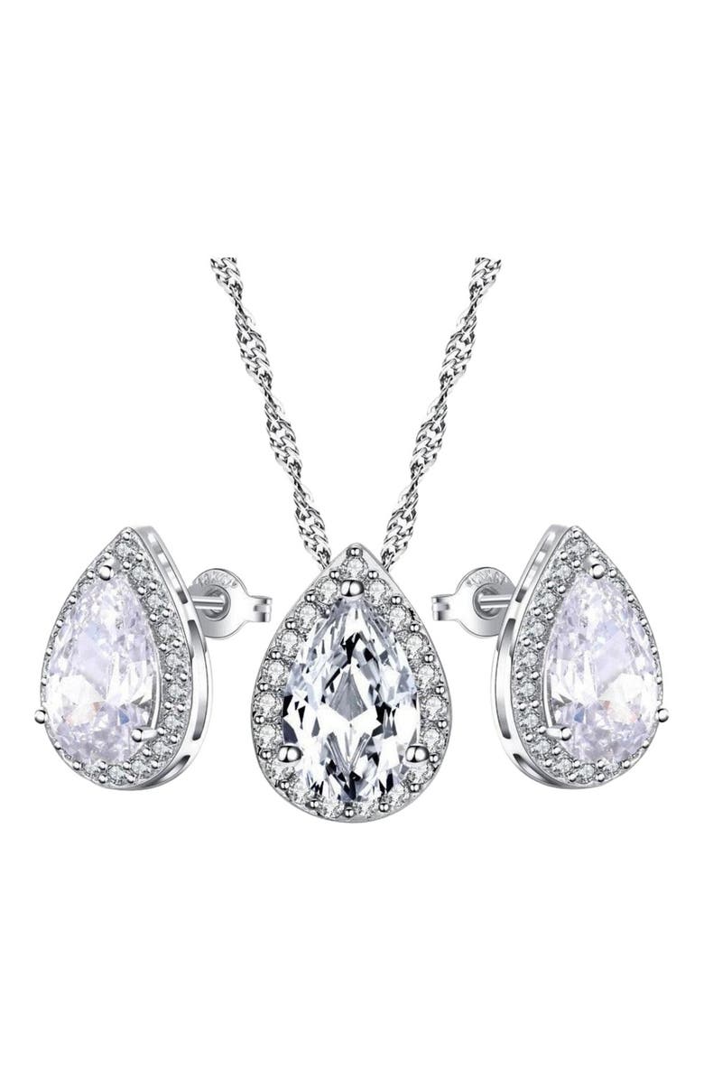 Hollywood Sensation Teardrop Crystal Necklace and Teardrop Crystal Earring Set, Main, color, Silver