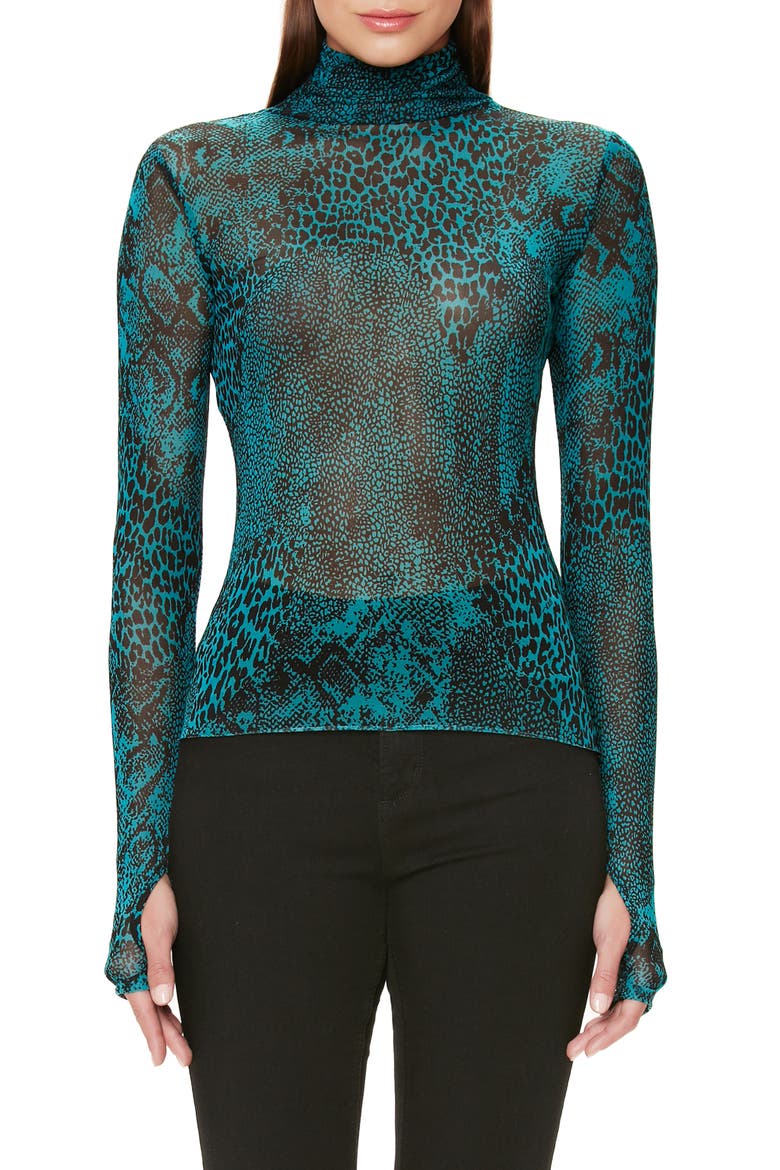 Zadie Semi Sheer Turtleneck, Main, color, TEAL ANIMAL
