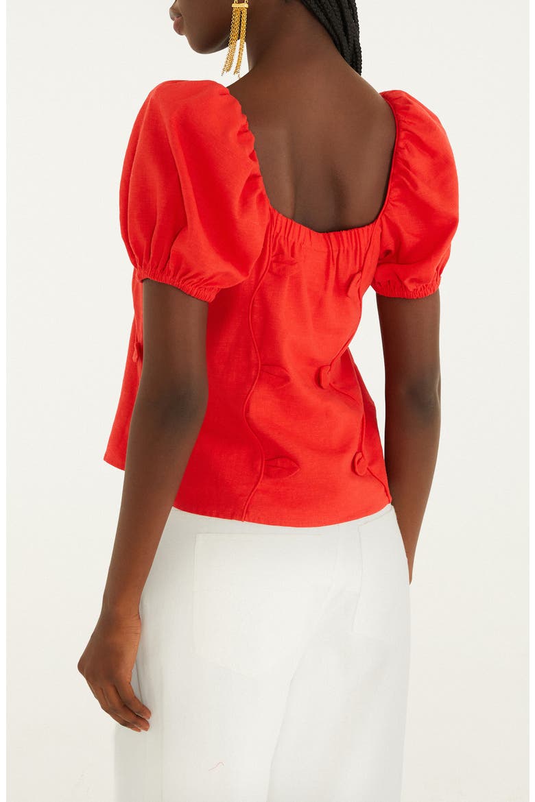 Floral Appliqué Linen Blend Short Sleeve Top, Alternate, color, RED