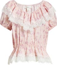 Treasure & Bond Lace Trim Puff Sleeve Peplum Top