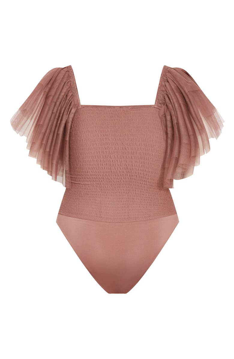 City Chic Azariah Shirred Tulle Sleeve Bodysuit, Alternate, color, Roseberry
