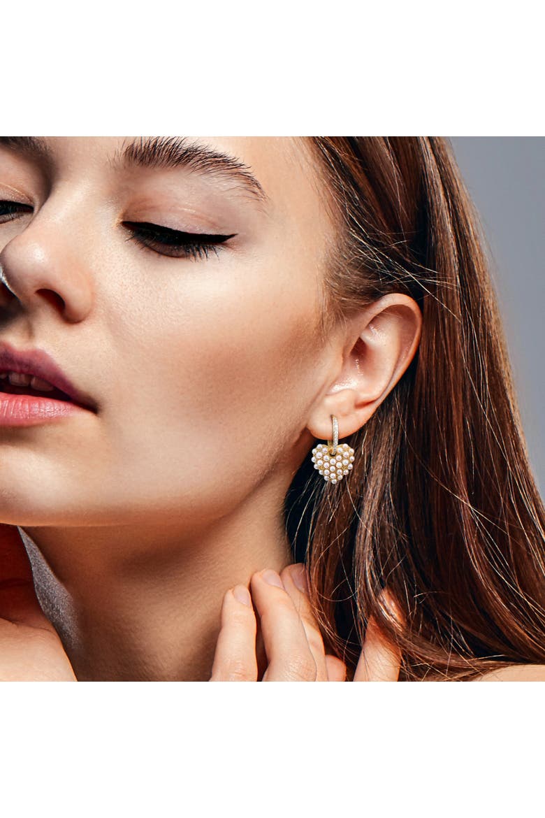 Pearl & Diamond Hoop Heart Earrings 14k, Alternate, color, Yellow Gold