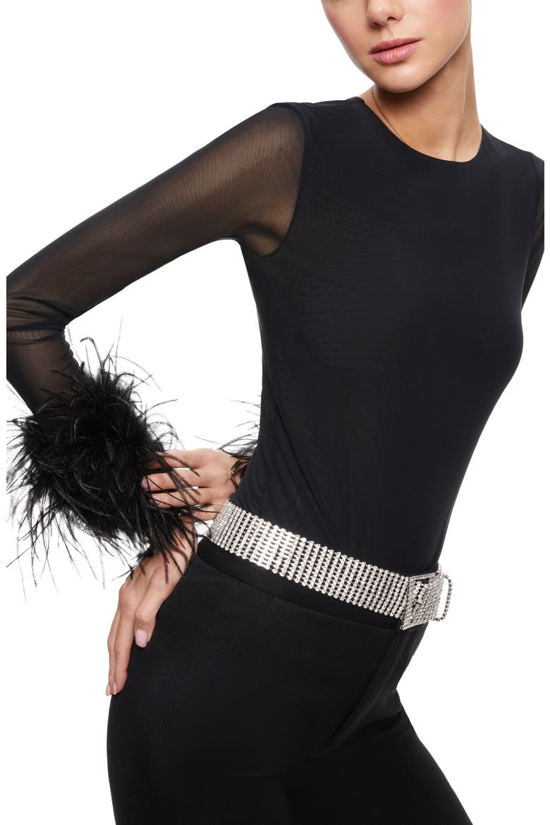 Delaina Feather Cuff Mixed Media Top, Alternate, color, BLACK