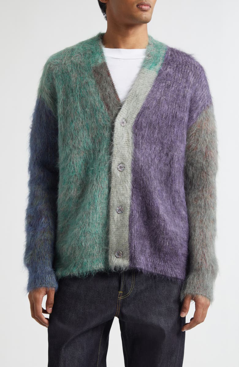 Waste Yarn Project Patti Colorblock Brushed One of a Kind Cardigan, Main, color, Green/ Purple Multi