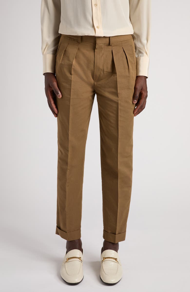 TOM FORD Fluid Double Pleat Cotton & Silk Poplin Pants, Main, color, Chestnut