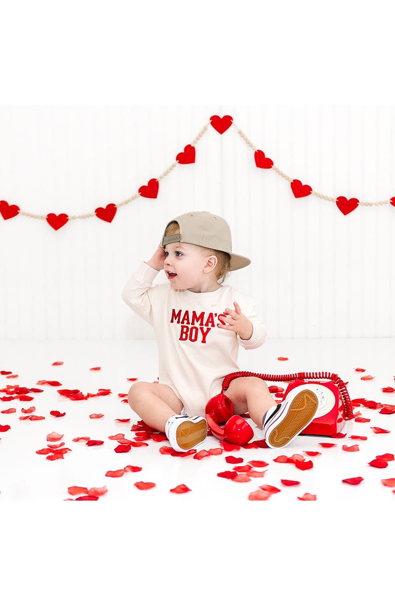 Sweet Wink Mama
s Boy Varsity Patch Valentine
s Day Long Sleeve Romper, Alternate, color, Natural