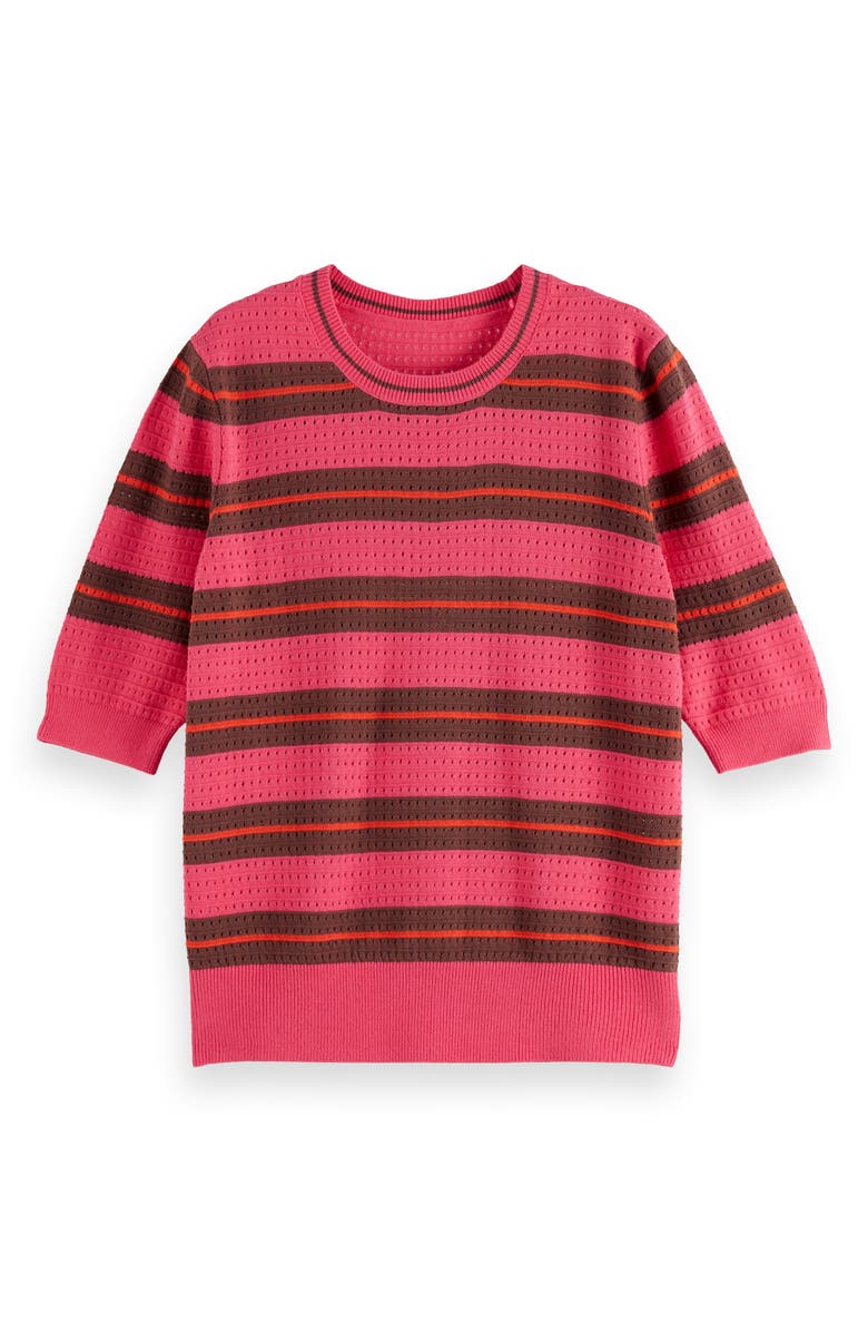 Scotch & Soda Relaxed Pointelle Short Sleeve Sweater, Main, color, Electric Pink Stripe