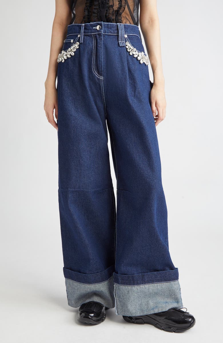 Simone Rocha Turbo Crystal Embellished Wide Leg Puddle Carpenter Jeans, Main, color, 