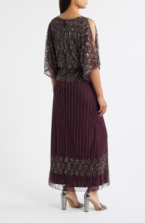Pisarro Nights Beaded Blouson Split Sleeve Gown In Burgundy