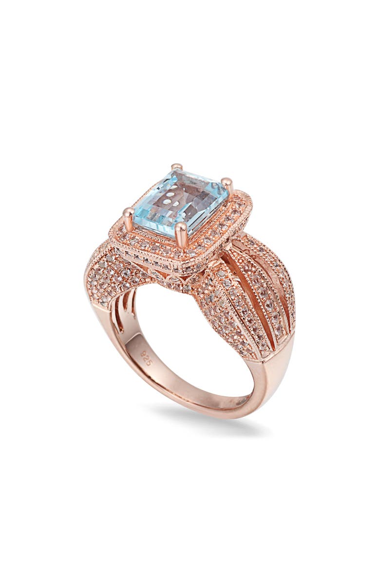 SUZY LEVIAN 14K Rose Gold Plated Sterling Silver Emerald Cut Blue Topaz Ring, Main, color, Rose Gold/ Blue