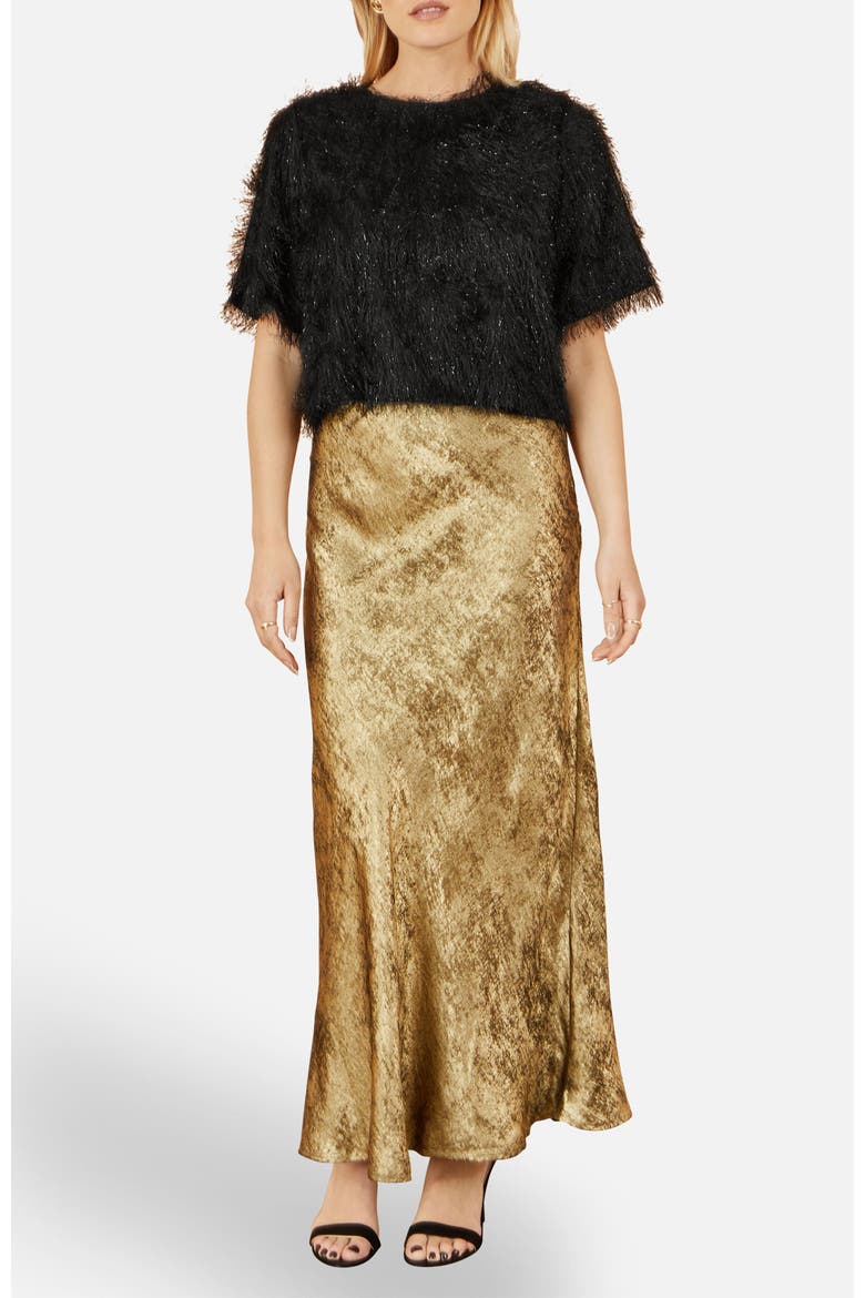 Satin Mid Rise Midi Skirt, Alternate, color, Gold