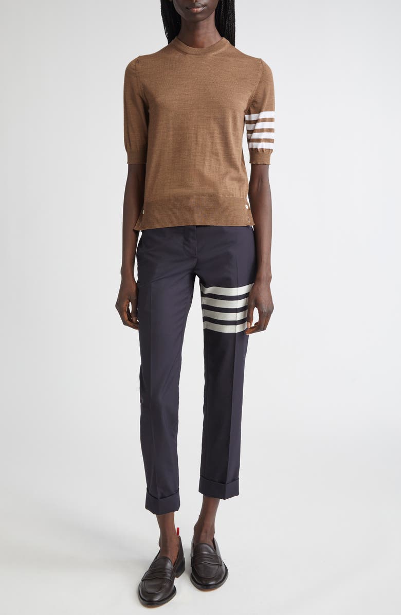 Thom Browne 4-Bar Short Sleeve Wool Blend Sweater, Alternate, color, Walnut