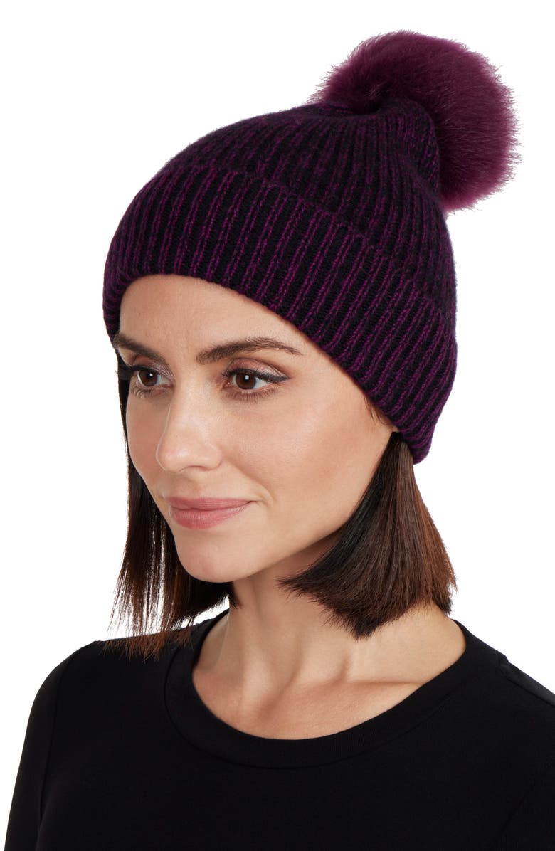 Amicale Two-Tone Rib Knit Beanie with Genuine Shearling Pom, Alternate, color, 
