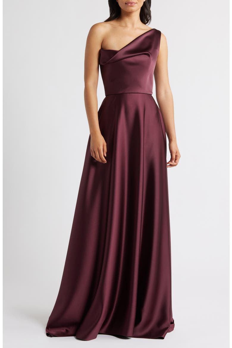 One-Shoulder Satin Gown, Main, color, RUBY