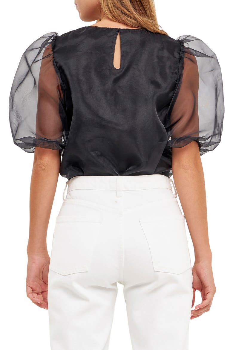 Sheer Puff Sleeve Organza Top, Alternate, color, BLACK