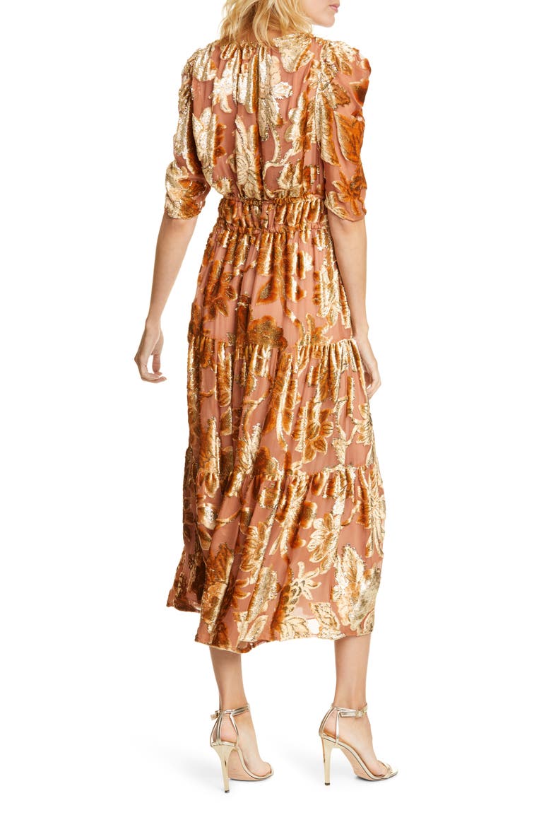 Loretta Velvet Devoré Midi Dress, Alternate, color, ROSE GOLD