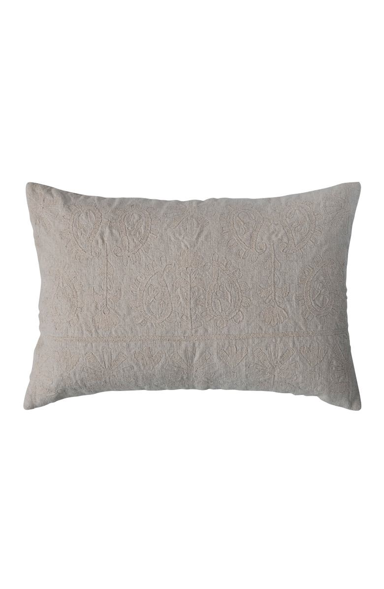 Storied Home 24 Inches Cotton Lumbar Pillow with Embroidered Paisley Pattern, Main, color, Cream
