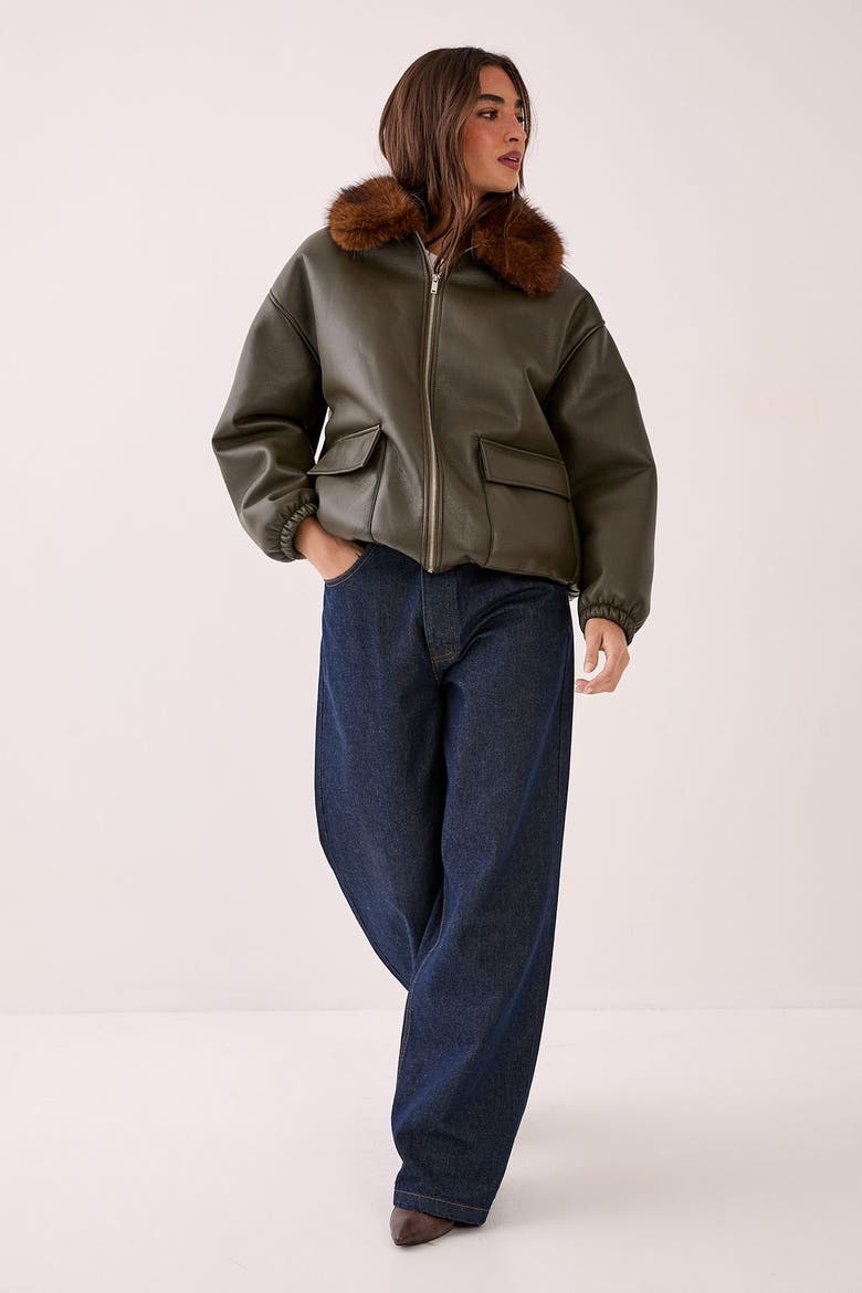 Faux Fur Collar Bomber Jacket, Alternate, color, Khaki