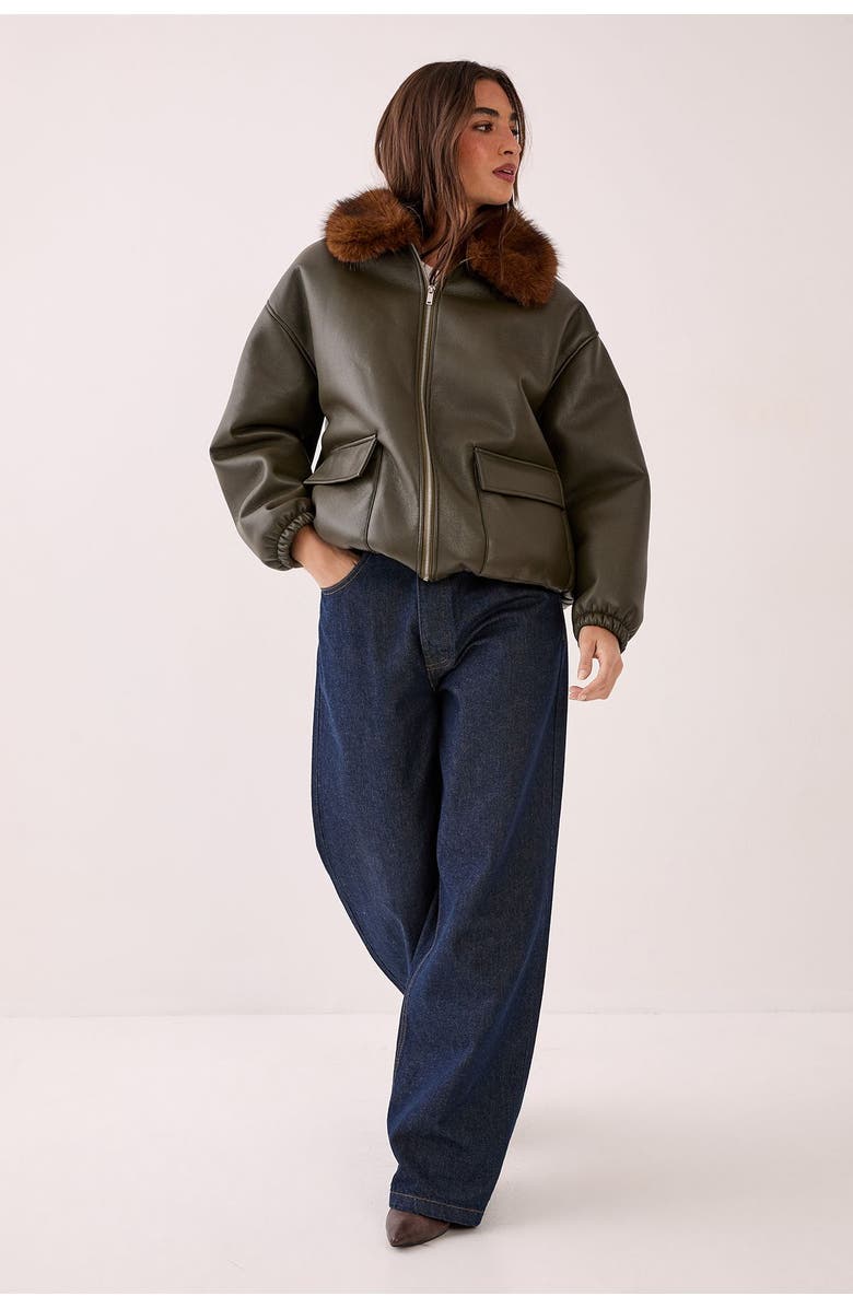 NASTY GAL Faux Fur Collar Bomber Jacket, Alternate, color, Khaki