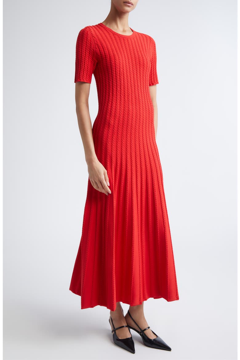 Cable Stitch Short Sleeve Midi Sweater Dress, Alternate, color, PAPAYA