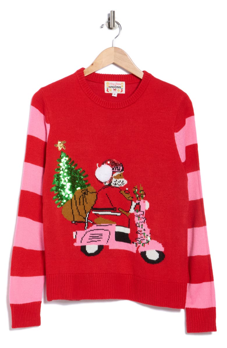 Vigoss Santa Scooter Embroidered Sweater, Alternate, color, Red/ Pink