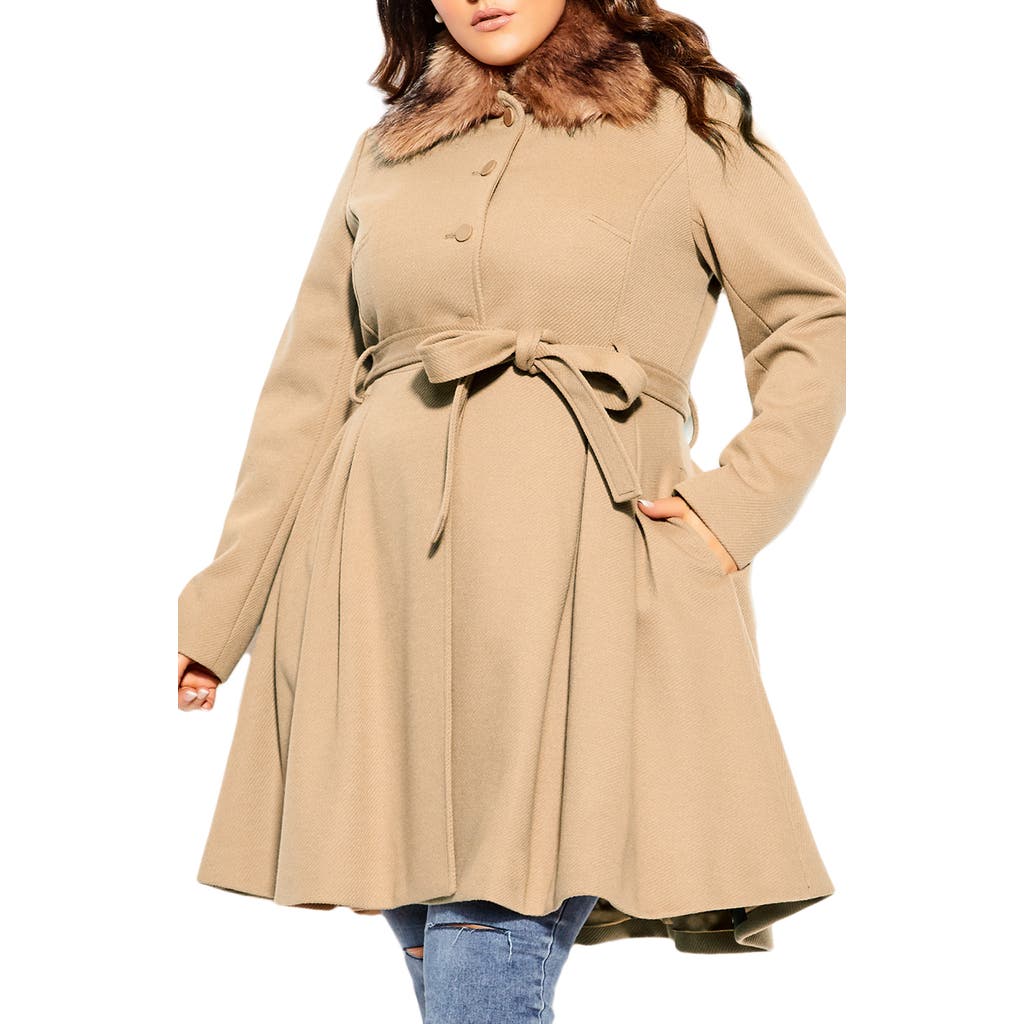 City Chic Rosemary Faux Fur Collar Coat In Neutral