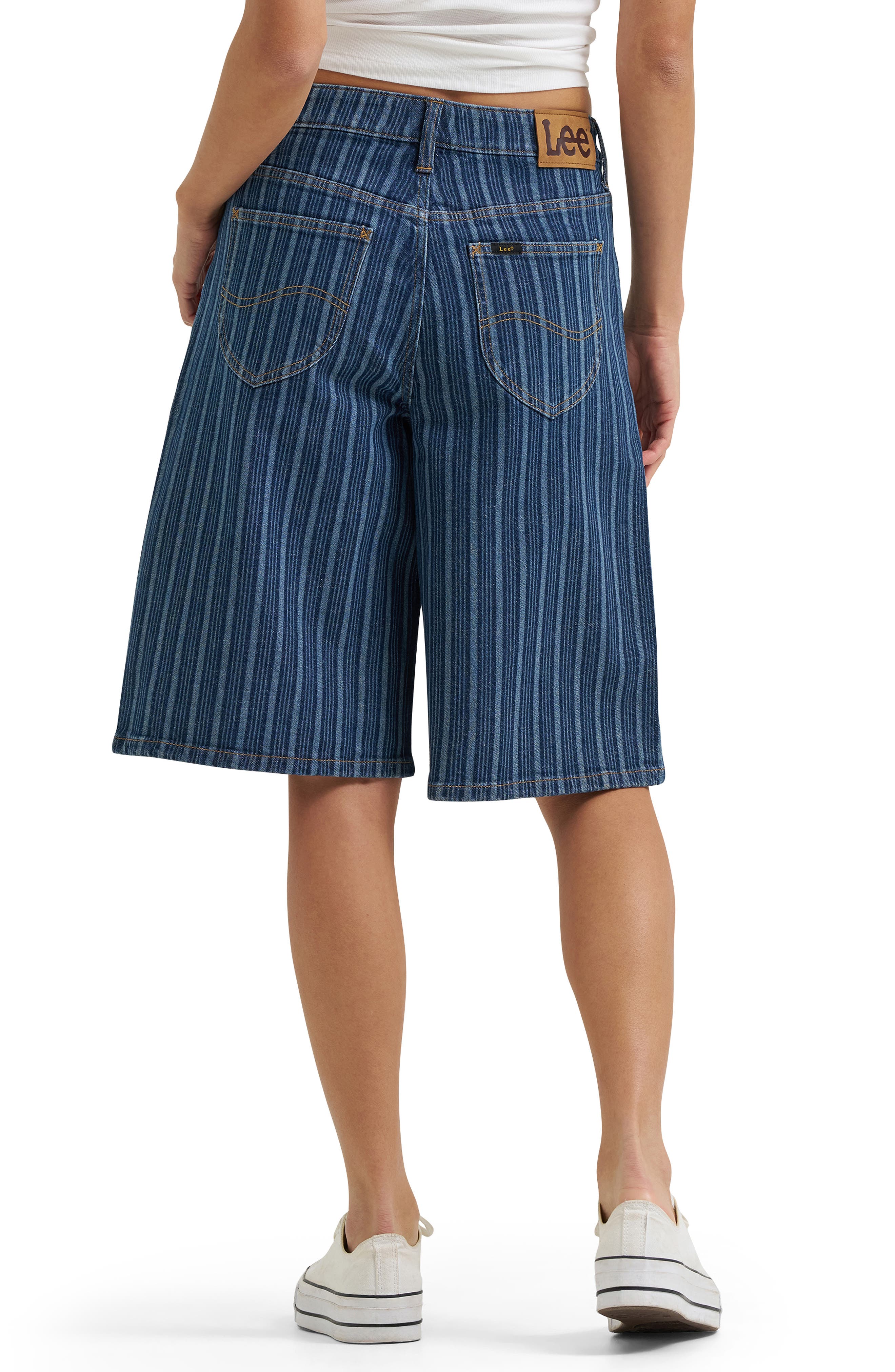 Stripe Mid Rise Loose Long Denim Shorts - image 2