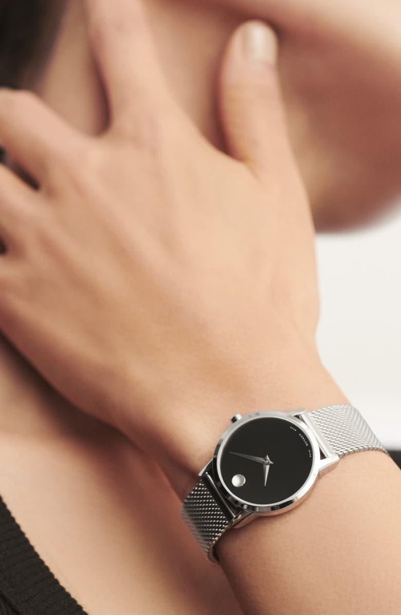 Movado Museum Mesh Strap Watch, 28mm, Alternate, color, Silver/ Black/ Silver