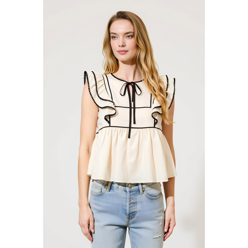 Modenaire Ruffle Sleeve Peplum Top With Contrast Trim And Front Tie