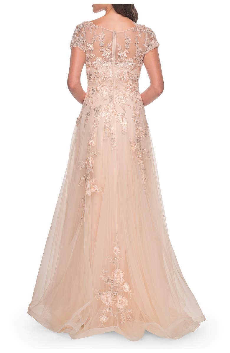 La Femme Tulle and Lace A-Line Dress with Illusion Neckline and Short Sleeves, Alternate, color, Champagne