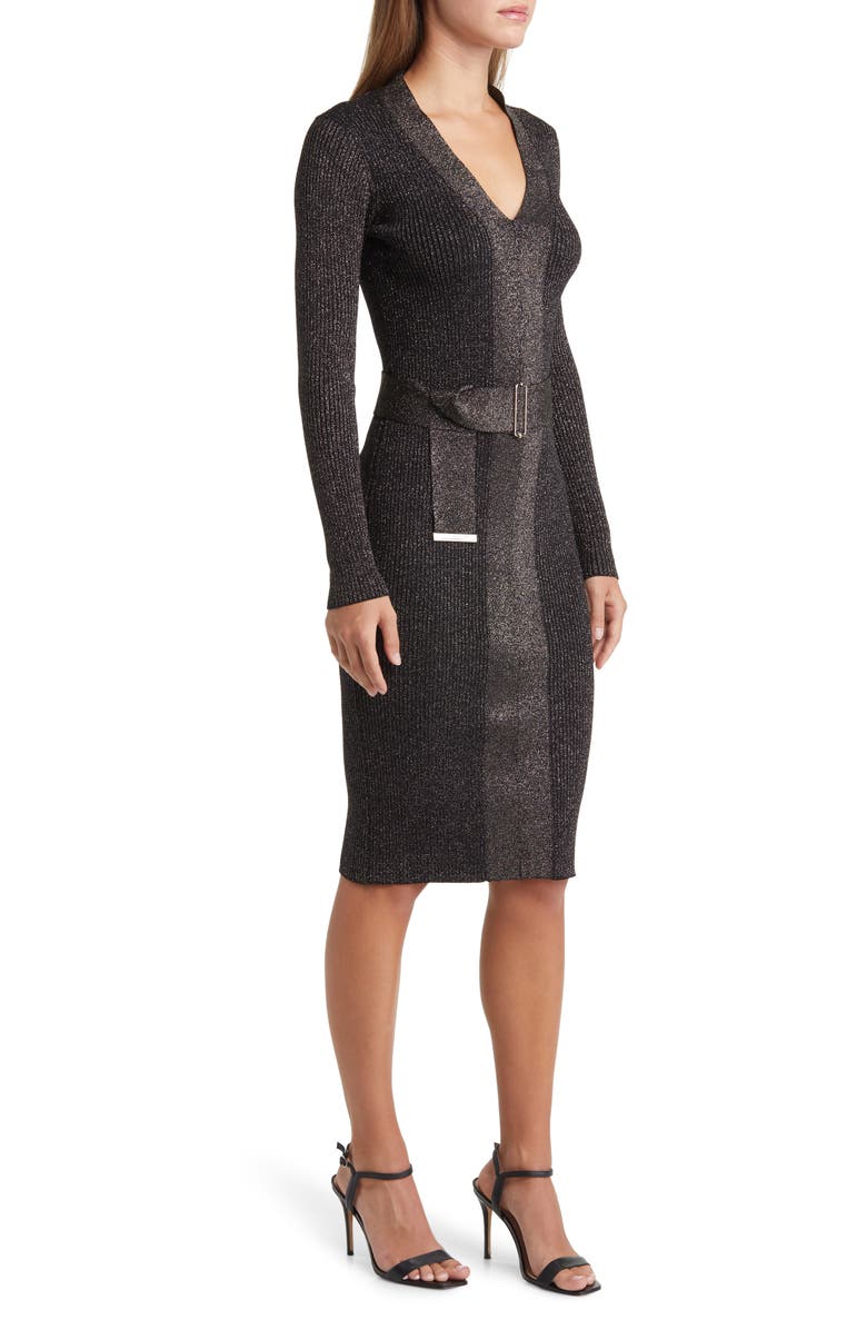 Vince Camuto Metallic Long Sleeve Rib Sweater Dress, Alternate, color, Black Gold