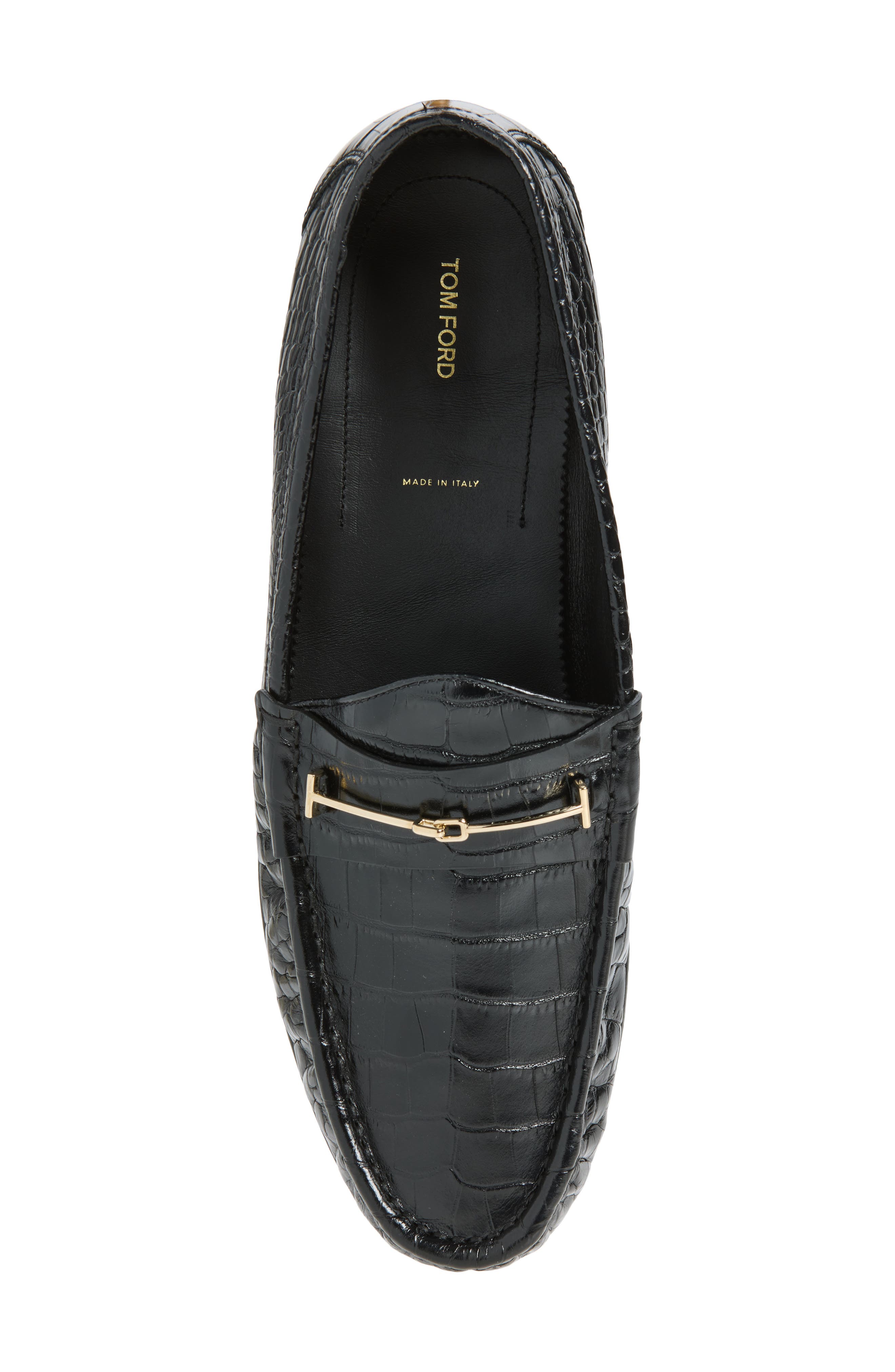 Double-T Hardware Shiny Croc Embossed Loafer, Alternate, color, NAA BLACK