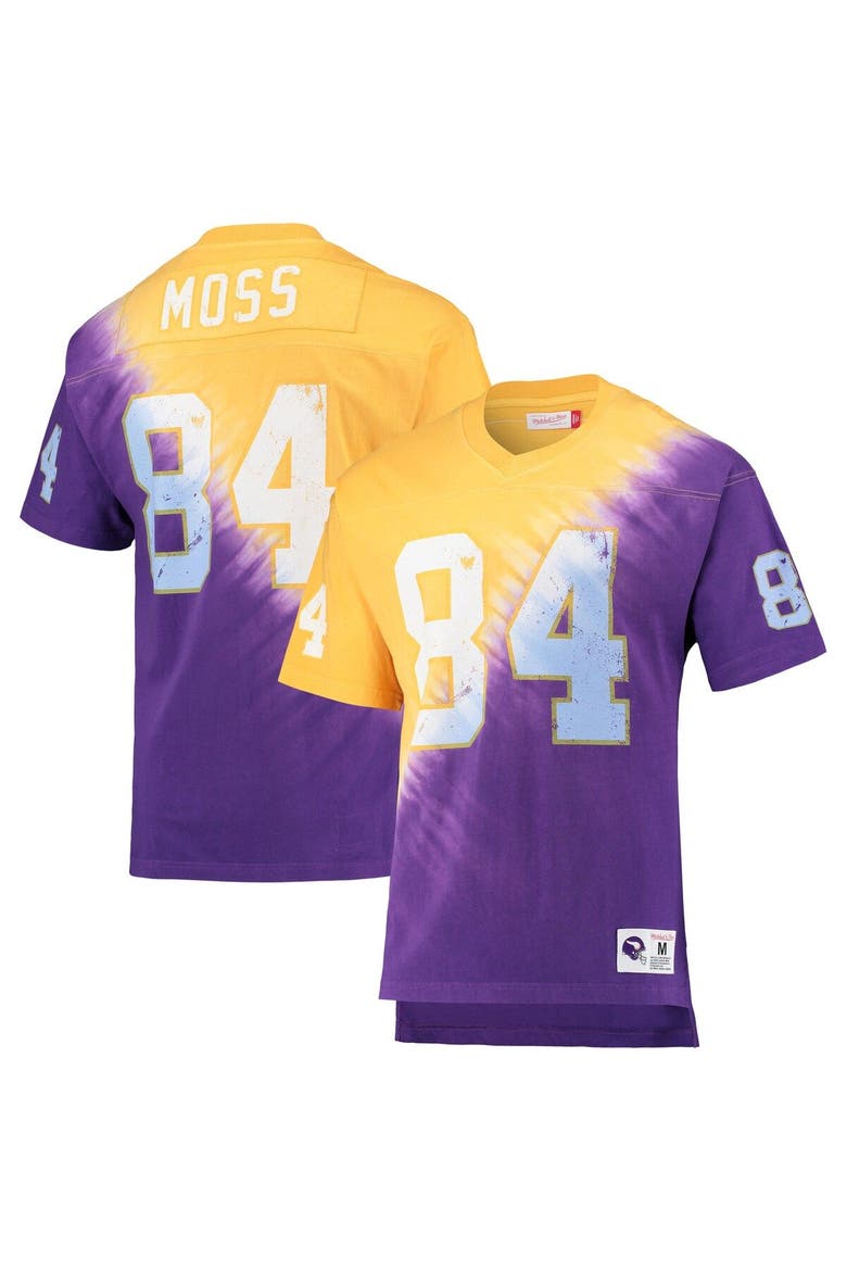 Men's Mitchell & Ness Randy Moss Gold/Purple Minnesota Vikings Retired Player Name & Number Diagonal Tie-Dye V-Neck T-Shirt, Main, color, Gold