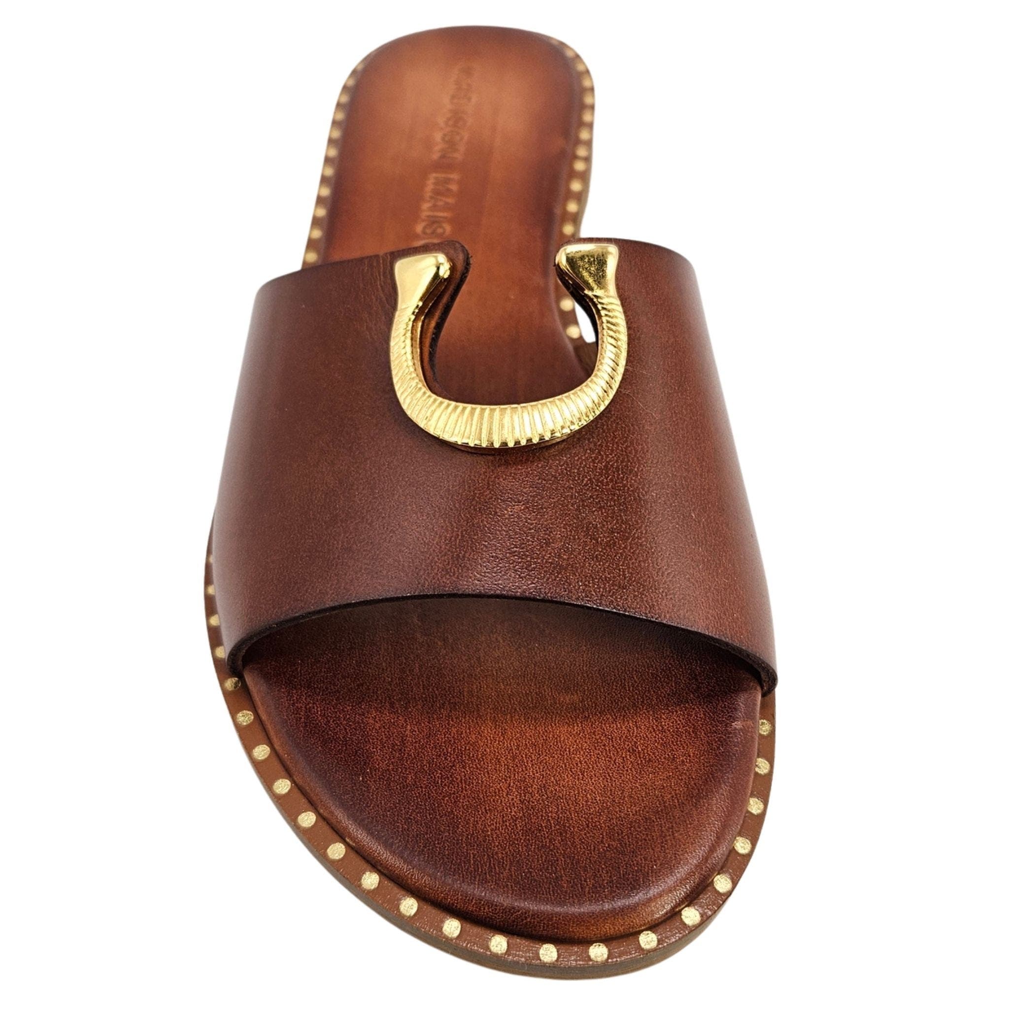 Horse Shoe Buckle Leather Flat Sandal, Alternate, color, caramel