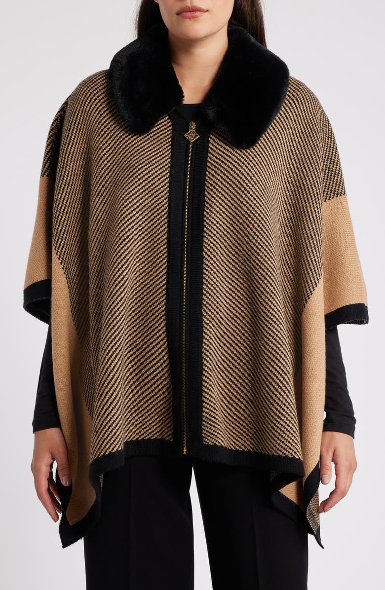 Anne Klein Faux Fur Collar Zip Poncho, Main, color, 