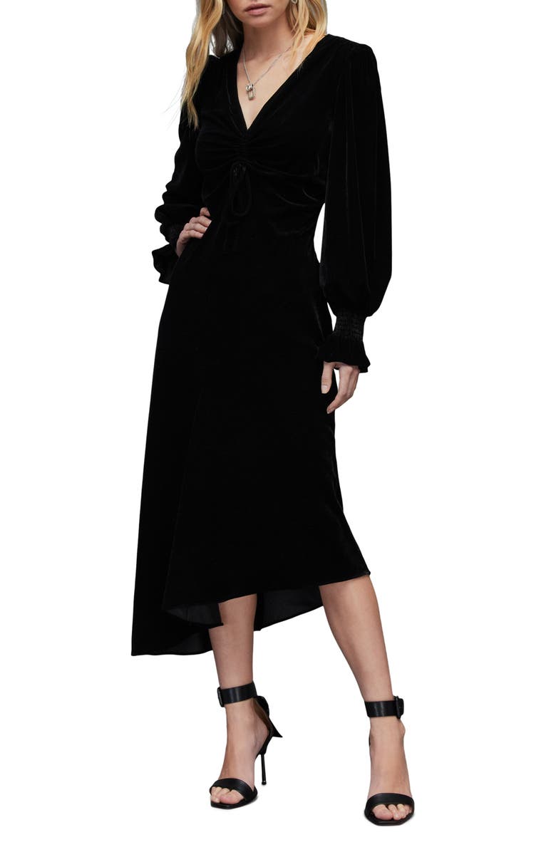 AllSaints Naomi Long Sleeve Asymmetric Velvet Dress, Alternate, color, 