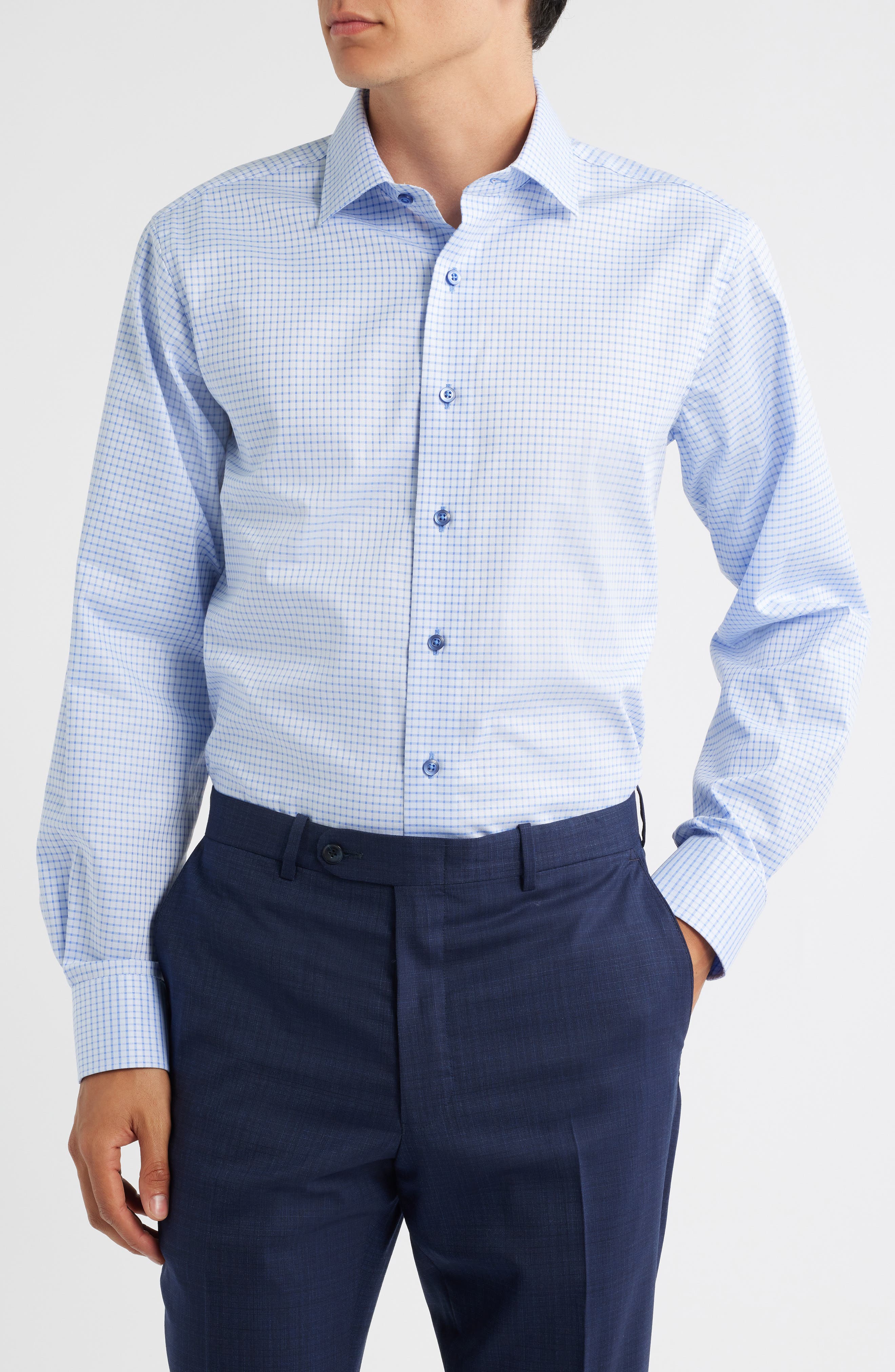 Lorenzo Uomo Trim Fit Textured Grid Cotton Dress Shirt in Light Blue 