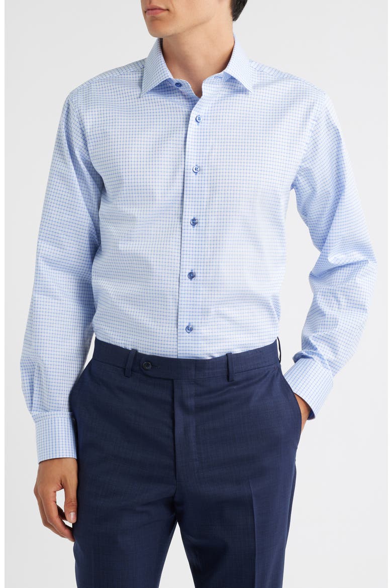 Trim Fit Textured Grid Cotton Dress Shirt, Main, color, LIGHT BLUE
