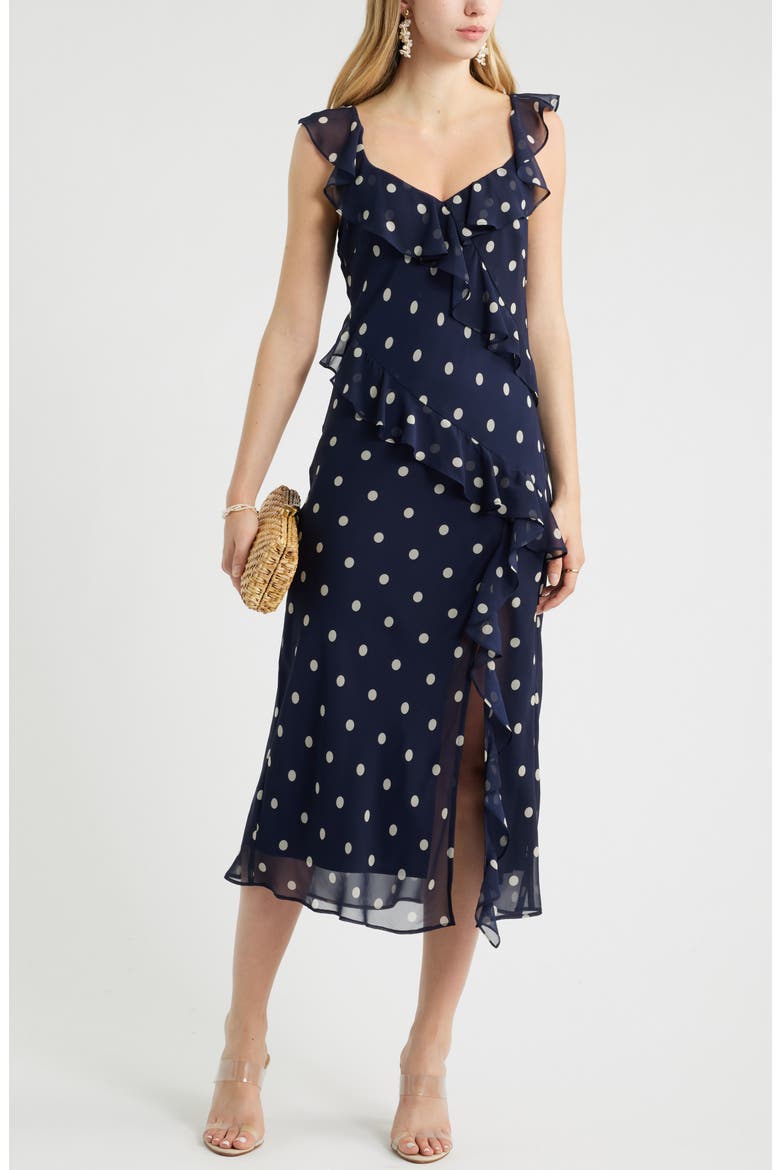 Ruffle Midi Dress, Alternate, color, NAVY POLLY DOT