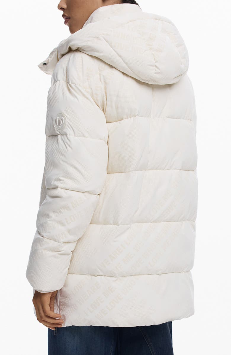 Desigual Flocked Print Quilted Puffer Jacket with Removable Hood, Alternate, color, Light Beige