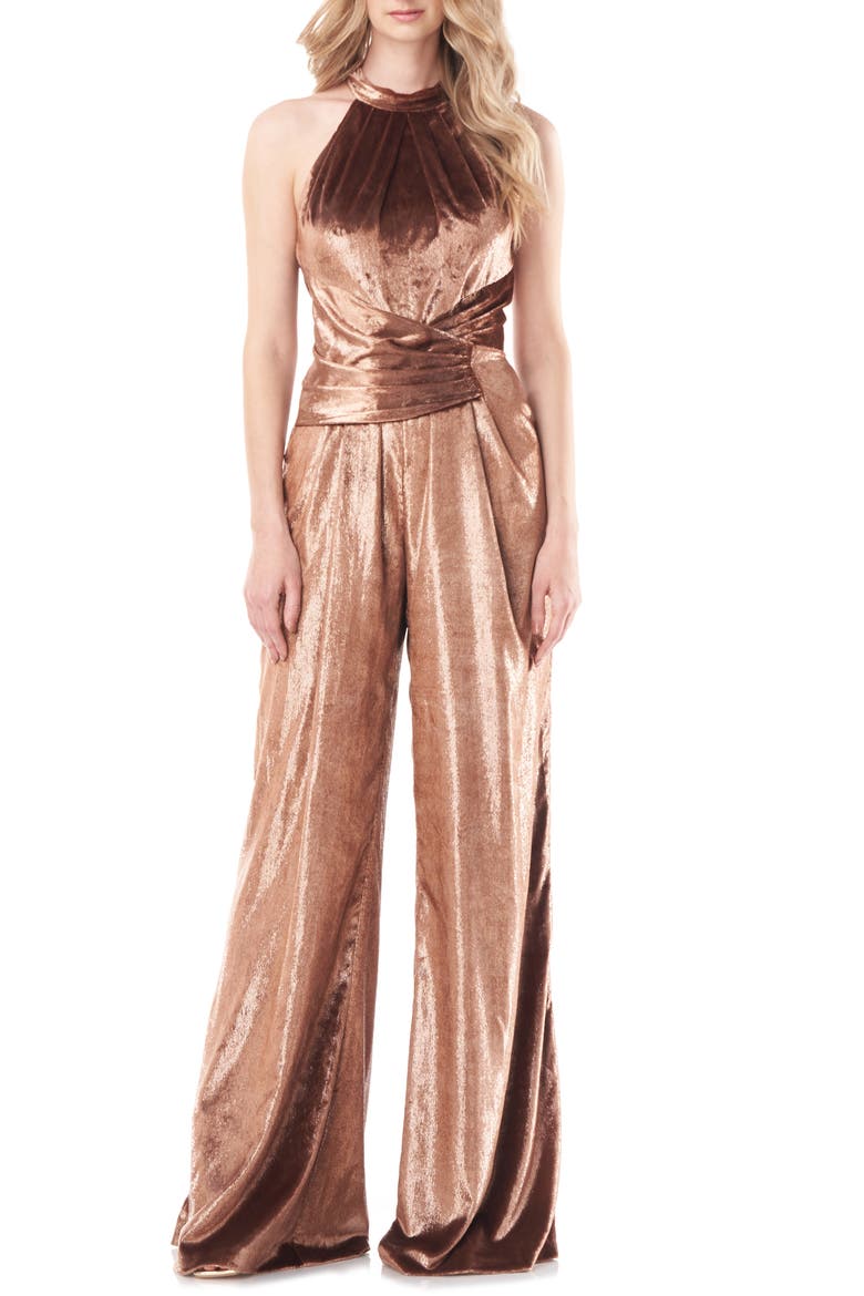 Isadora Halter Neck Crushed Velvet Jumpsuit, Main, color, MINK