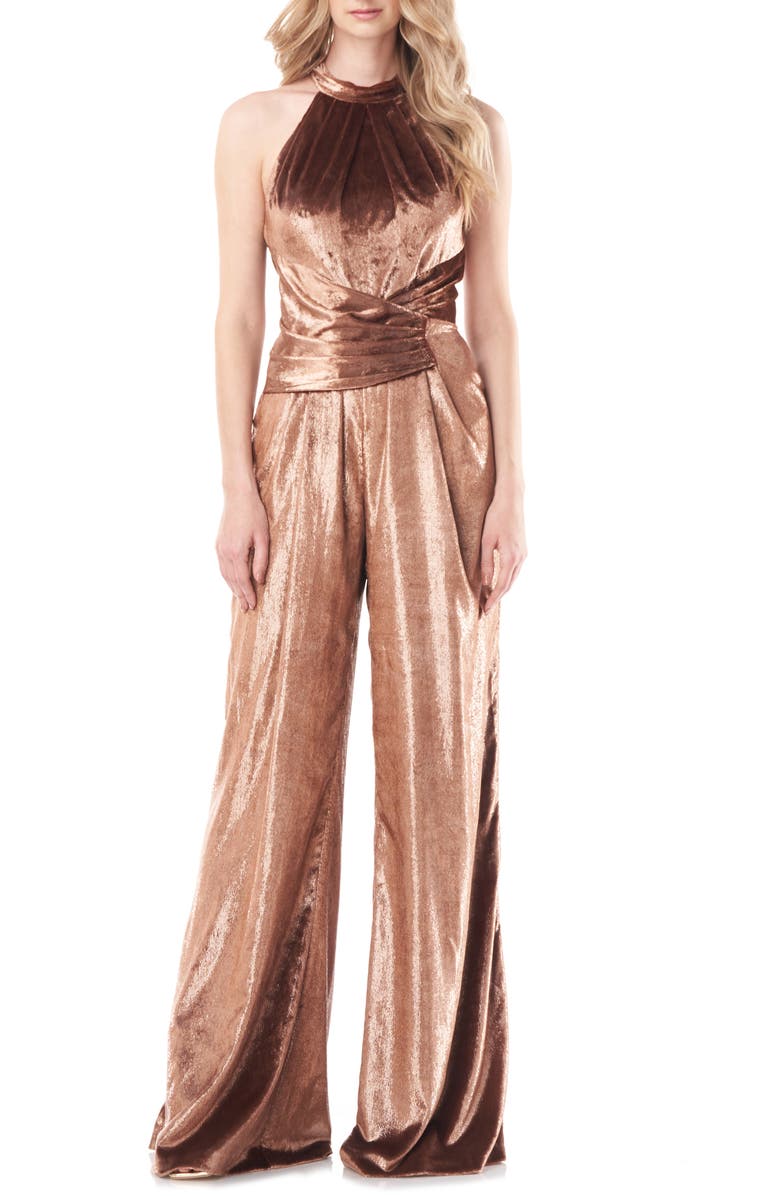 Kay Unger Isadora Halter Neck Crushed Velvet Jumpsuit, Main, color,