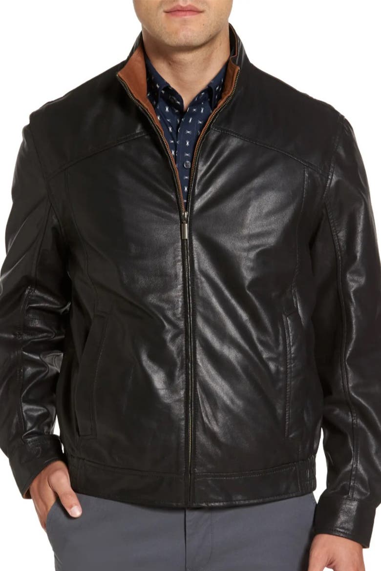 Contrast Trim Lambskin Leather Jacket, Main, color, BLACK/SADDLE