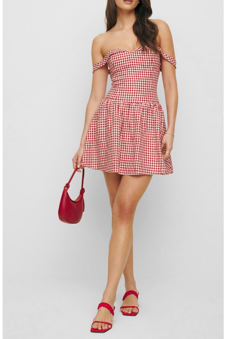 Sora Gingham Off the Shoulder Linen Minidress, Main, color, TOMATO CHECK