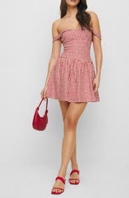 Reformation Sora Gingham Off the Shoulder Linen Minidress